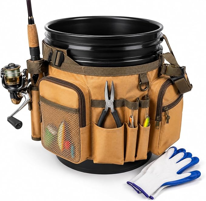 Katai Fishing Bucket Organizer for 5-Gallon Bucket – Heavy-Duty Water-Resistant Tackle Bag with Rod & Pliers Holders – Adjustable Straps & Multi-Pocket Design