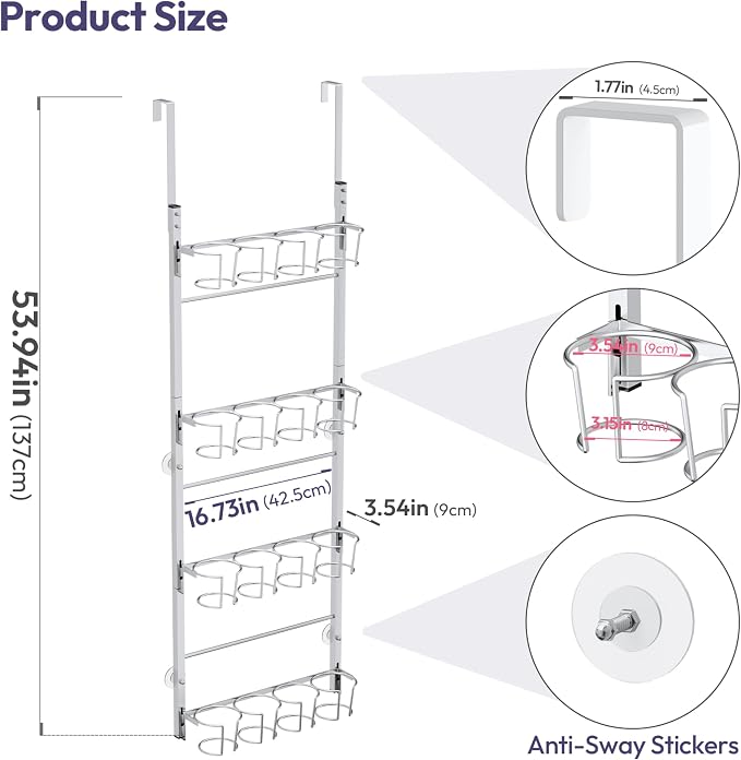 SWTYMIKI 4-Tier Water Bottle Organizer – Over the Door Stanley Cup Holder, Cup Organizer for Door or Wall Mount Option, Stanley Accessories for Pantry, Dorm, Office, RV Use, Silver