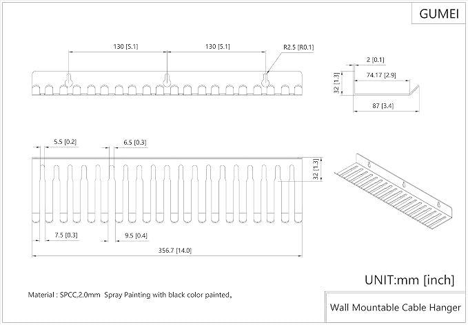 Steel Wall Mount Cable Hanger Cord Rack Organizer Cable Holder Cable Storage with 19 Cable Slots Width from 5.5 to 9.5mm for Cord Management (18MCBH)