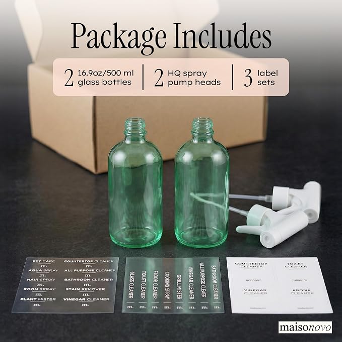 MaisoNovo Green Glass Spray Bottle 16.9 oz Pack of 2 - Green Spray Bottles for Plants with Fortified Glass & Fine Mist - Ideal for Plant Care, Gardening, Misting, Seedlings & Indoor Plants - 16 Labels