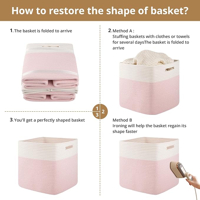 OIAHOMY 13 Inch Cube Storage Bins, 3-Pack Cotton Rope Woven Baskets for Organizing, Insert Storage Baskets for Shelves, Baby Nursery, Closet Organizer, 13 * 13 * 12.6IN, Pink & White