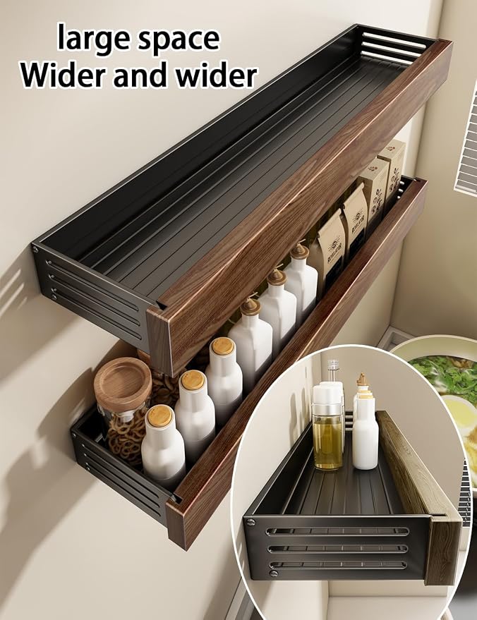 spice rack wood kitchen spice rack wall mounted adjustable adhesive or screw, hung on the door and wall, black large rack for storing items in refrigerators and ovens
