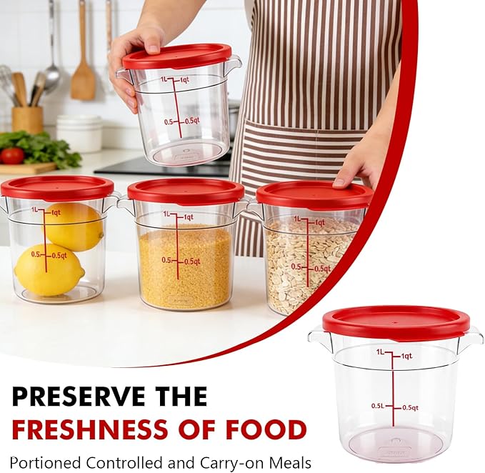 4-Pack Food Storage Containers with Lids,Round Plastic Containers for Kitchen, Food Grade, BPA-Free, Stackable, Clear Red Storage Buckets (Red, 1L)