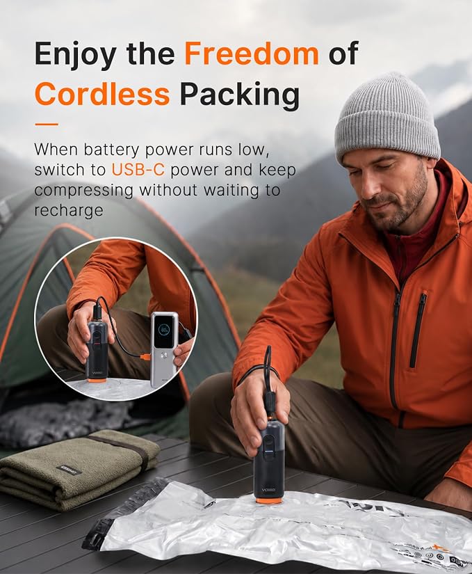Vacbird 15-Pack Travel Vacuum Storage Bags with Dual Power Electric Pump, Space Saver Compression Bags for Clothing, Carry-On Luggage and Suitcase Packing, Rechargeable Battery & Direct USB Power