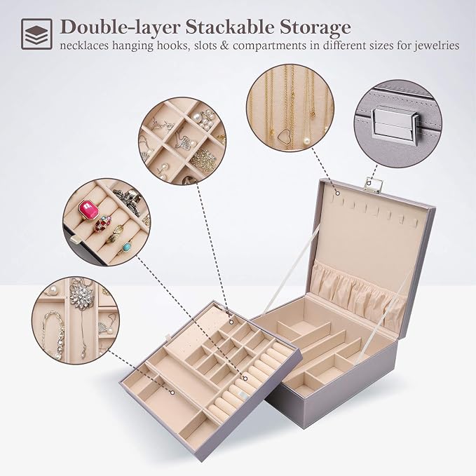 ProCase Jewelry Box for Women, 2 Layers Large Leather Jewelry Organizer Storage Case with Removable Pad for Earrings -Pearlizedsilver