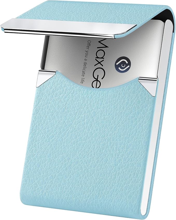 MaxGear Business Card Holder, PU Leather Business Card Case, Light Blue | Stainless Steel Interior, Magnetic Closure, RFID Blocking, Holds 15–25 Standard Business Cards