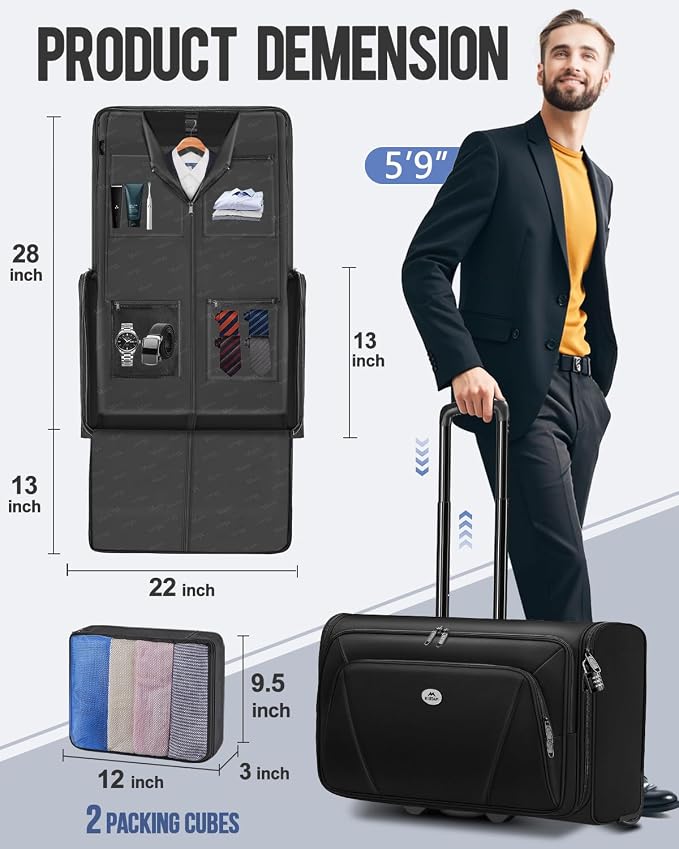 MATEIN Carry On Garment Bag with Wheels, Wheeled Garment Travel Suit Bag | For Airline Travel, 2 Packing Cubes, 22x14x9, Business 2 Wheel Luggage Suitcase, Fits 17.3" Laptop, For Men Women, Black