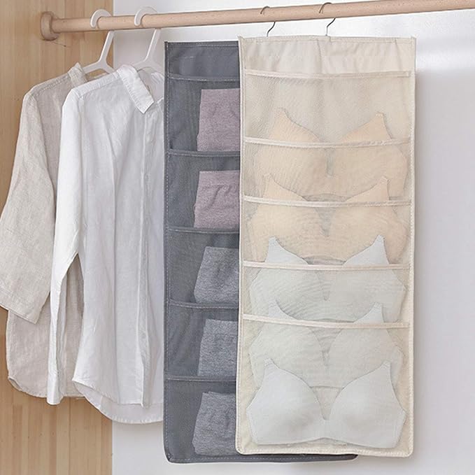 Bra and Underwear Hanging Storage Organizer Mesh Pockets Dual Sided Wall Shelves Space Saver Bag Sock Underpants Drawer Closet Clothes Rack (Gray:(6+18pockets))