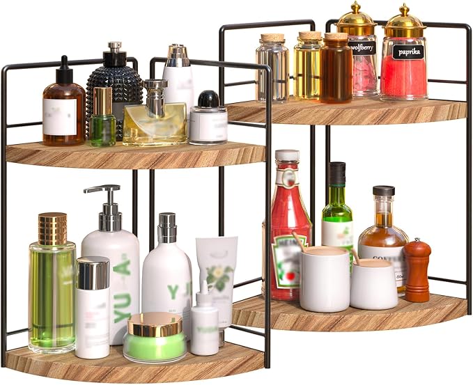 2 Pack Bathroom Counter Organizer, 2 Tier Corner Bathroom Counter Organizer Wooden Double Vanity Organizers for for Double Sink Organizers and Kitchen Storage Dresser Decoration