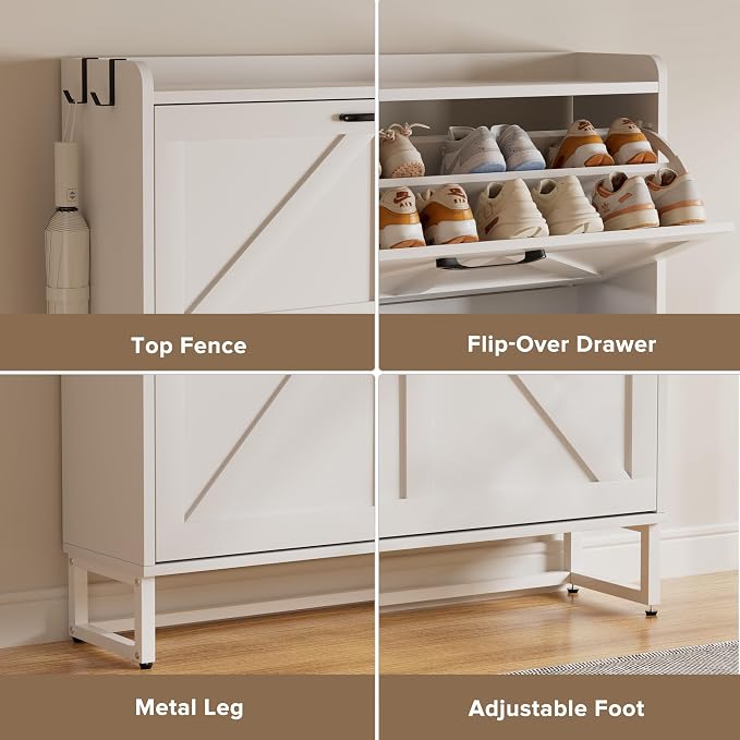 EOYUTLLY Shoe Cabinet Storage for Entryway, Narrow Shoe Rack with 3 Flip Drawers, Freestanding Hidden Shoe Rack Storage Organizer, Slim Shoe Cabinet White with Metal Legs