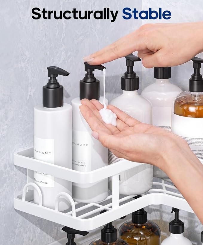 3 Pack Corner Shower Shelves, Rustproof Shower Organizer Caddy | No Drilling Shower Organizer Corner Exclusively for 90 Degree Right-Angle Walls with Hooks and Toothpaste Holder, White