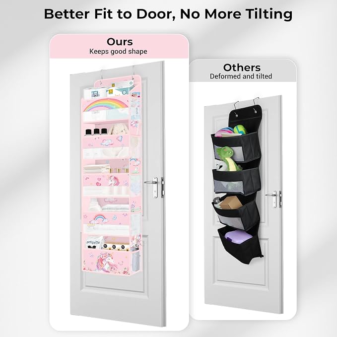 Clastyle Over the Door Organizer Diaper Toy Nursery Hanging Shelf, Unicorn | Pink Rainbow, 5-Tier Clear Window Mesh Pocket 44 lbs Weight Capacity, Behind Door Storage, Bedroom Bathroom Closet Pantry