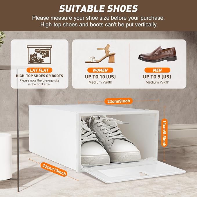 Yykniey 20 Pack Shoe Storage Boxes, Clear Plastic Stackable Shoe Organizer for Closet, Foldable Shoe Container with Heart Vent, Space Saving for Under Bed Entryway, Fits Shoes up to Size 10