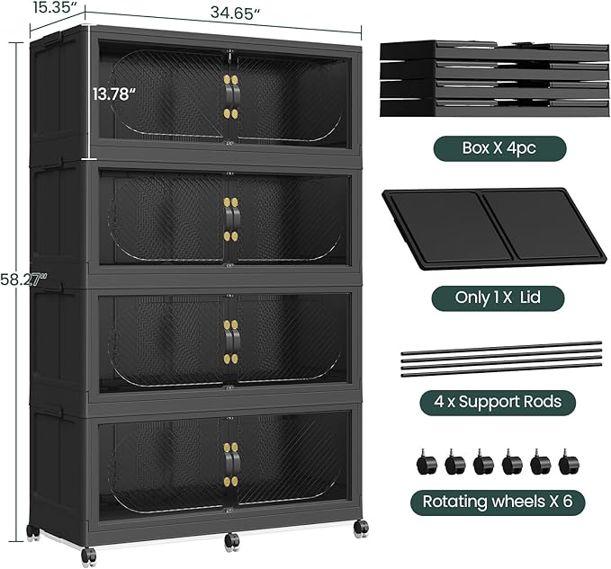 240Gal/960QT 4-Tiers Extra Large Stackable Storage Bins with Lid, Collapsible Cabinet Closet Organizer Plastic Container Box with Wheels Doors Drawers for Office Dorm Kitchen Office, Black
