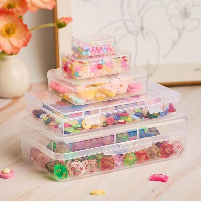 Mauproy Small Plastic Storage Containers with Lids, 5 Sizes, 28 Pack | Mini Bead Storage and Organizers, Rectangular Small Items Organizer Boxes with Hinged Lids and Labels for Craft Jewelry