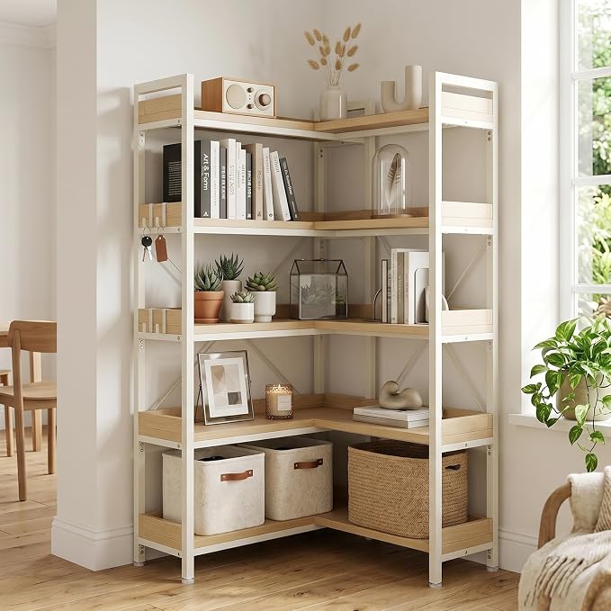 GTPLAYER 5-Tier Corner Bookshelf, L-Shaped Metal Frame Shelf with Tall 14" Shelves, Plant Stand and Storage Rack for Small Spaces, Living Room and Home Office, Light Oak