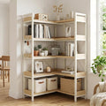 GTPLAYER 5-Tier Corner Bookshelf, L-Shaped Metal Frame Shelf with Tall 14" Shelves, Plant Stand and Storage Rack for Small Spaces, Living Room and Home Office, Light Oak