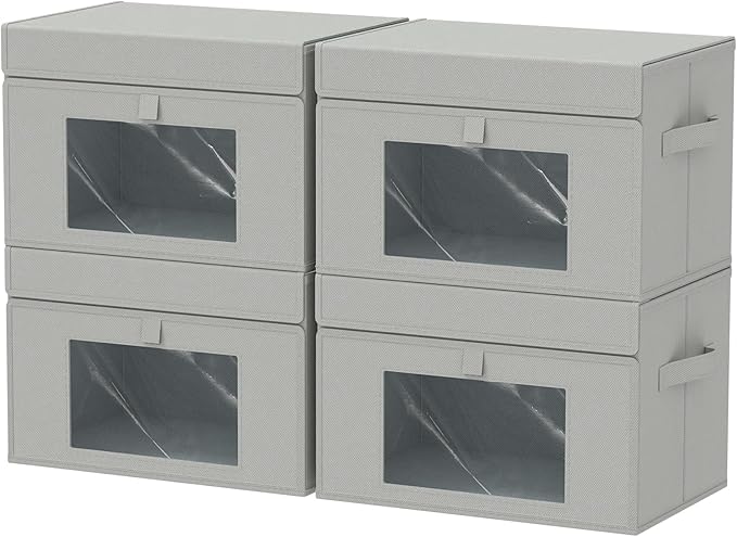 Transparent Window Storage Bin, Cube Organizer Basket with Flip-Top Lid and 2 Handles, Decorative Boxes with Cover, 4 Pack, Grey, 15 x 9.8 x 9.8 In, XSNY17GL-4