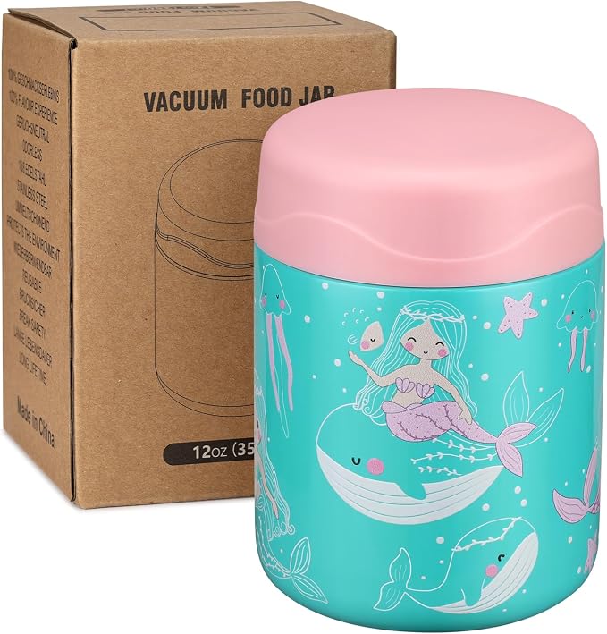 wiwens 12oz Soup Thermo for Hot Food Kids Insulated Food Jar Wide Mouth Lunch Container Leak Proof Stainless Steel Vacuum Bento Box for School Office Travel Outdoors Green-Mermaid