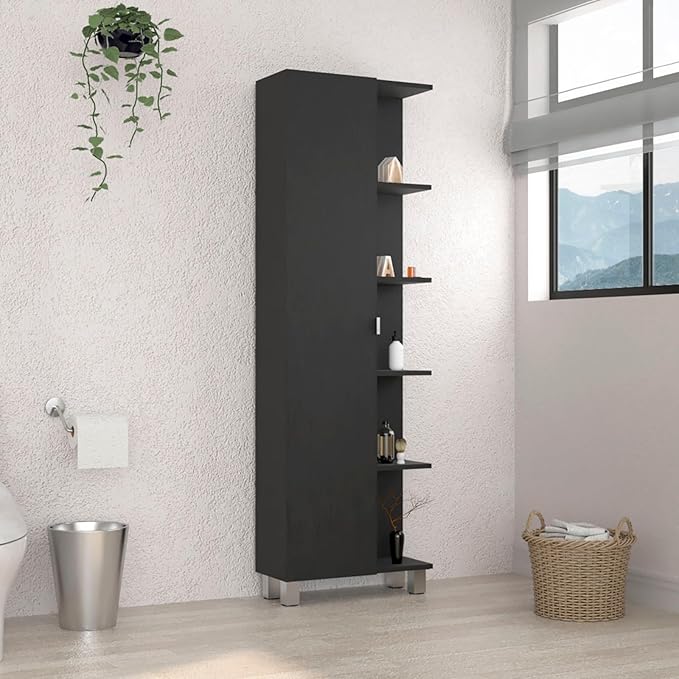 Hassyee Modern Design Linen Cabinet with Four Exterior Open Shelves for Generous Storage, Floor Display Cabinet with Three Interior Adjustable Shelves