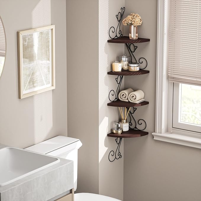 Alsonerbay Corner Shelf Wall Mount, 4 Tier Floating Shelves for Wall, Easy-to-Assemble Wall Shelves Rustic Wood Decor for Bedroom Living Room Bathroom Kitchen Office, Walnut Finish