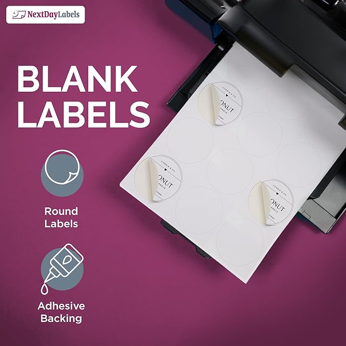 NextDayLabels 2.5 Inch Round Circle Stickers White Blank Labels for Laser Inkjet Printer - 12 Per Sheet Self-Adhesive Product Packaging Logo Made in USA - 600 Labels