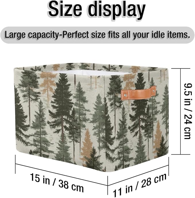 Rectangular Storage Bins Forest Pine Tree Pattern Collapsible Fabric Storage Basket Organizer with Handles for Nursery Bedroom Bathroom