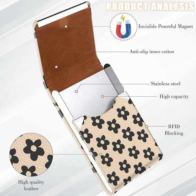 2Pack Leather Stainless Steel Business Card Holder, Metal Slim Business Card Case for Women or Men, Pocket Business Card Carrier with Prints, Magnetic Closure, RFID Blocking