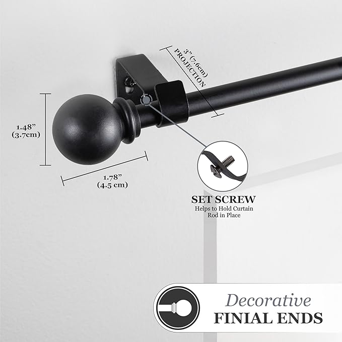 Kenney Chelsea Ball End Window Curtain Rod, Adjustable 48-86 Inch, Black, Carbon Steel, Wall Mounted, Painted Black, 2 Pack