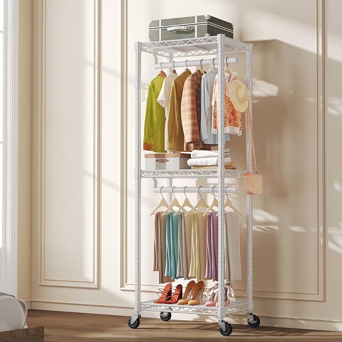 NEWBULIG Heavy Duty Clothing Rack with Wheels, 3-Tier Adjustable Wire Garment Rack, Metal Freestanding Closet Organizer System with Double Hanging Rods & 8 Side Hooks, 23" x 15" x 75", White