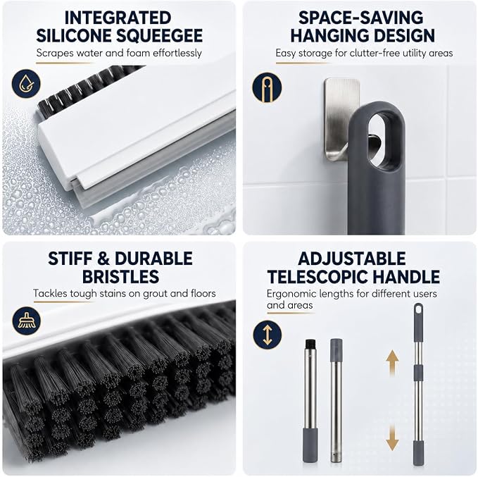 3-in-1 Floor Scrub Brush with Long Handle, Stiff Bristles & Squeegee | Stiff PP bristles, V-shaped corner brush, and silicone squeegee for shower tile, concrete, patios, and garages