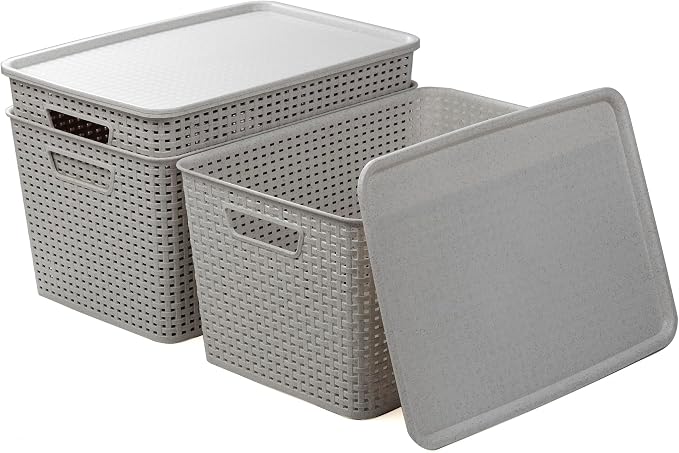 BINO | Plastic Storage Baskets with Lids, 22 Liter - 3 Pack, Natural Grey | THE WOVEN COLLECTION | Storage Basket for Shelves | Woven Storage Baskets for Organizing Bins | Pantry Shelf Organizer Bin