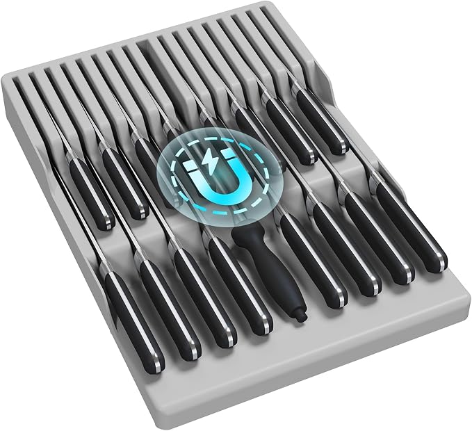 Lifewit Magnetic Drawer Knife Organizers Insert, Kitchen Plastic In Drawer Knife Block Slots, Steak Chefs Knives Holder Storage for 16 Knives and 1 Sharpening Steel, Extra Large, Gray, 16.5"/42 cm(W)