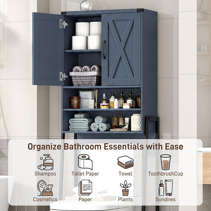 Vabches Over The Toilet Storage Cabinet, Farmhouse Over Toilet Storage Cabinet, Metal Frame with 2 Barn Doors, Home Space-Saving Toilet Rack for Bathroom, Toilet, Laundry Room.Blue