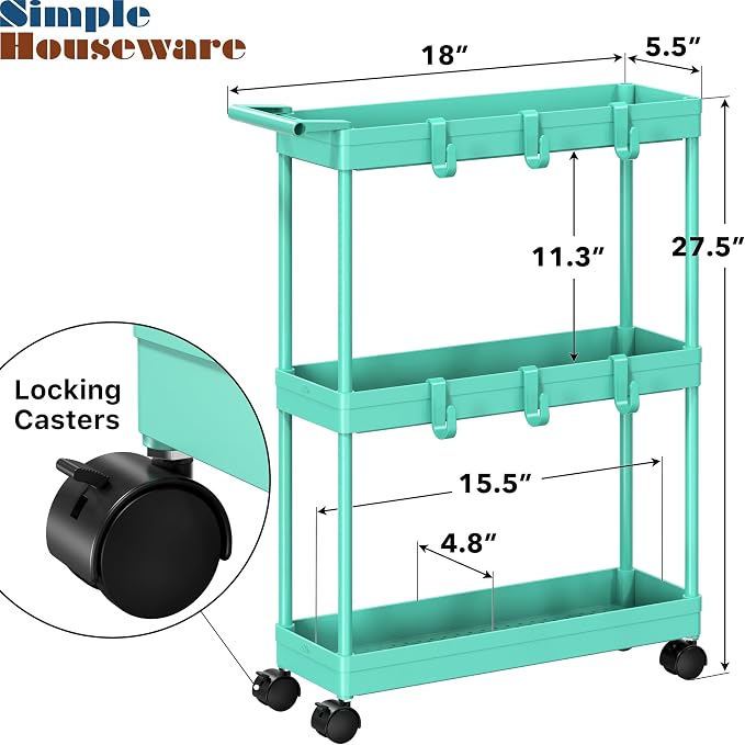 Simple Houseware 3-Tier Slim Rolling Cart w/Handle 5.5" Wx27.5 H, Turquoise | Storage Cart for Narrow Space (5.5-Inch Wide) Kitchen, Bathroom, Laundry Room