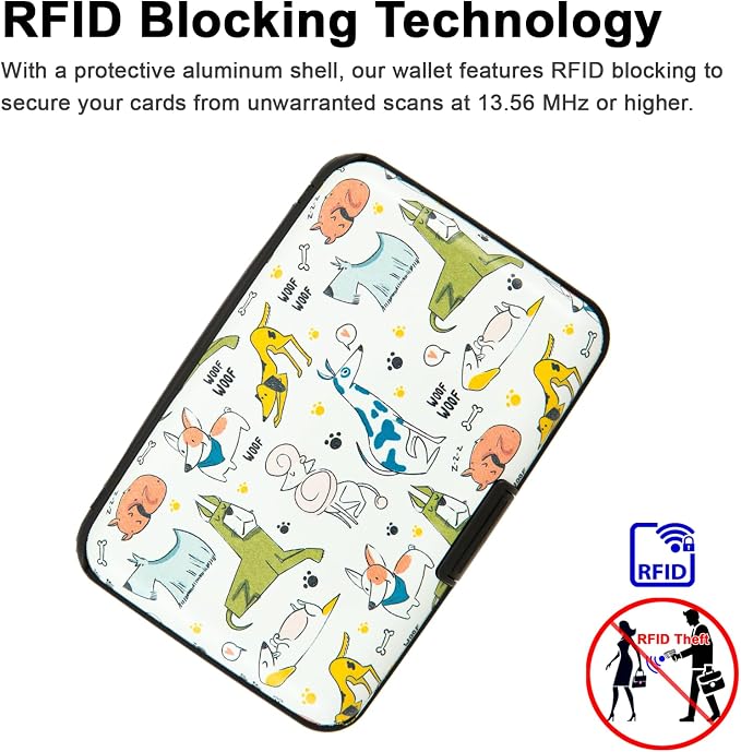 Credit Card Holder for Women Men RFID Blocking Wallet Small Business Metal Slim Mini Aluminum Hard Case (Hand Drawn Dogs)