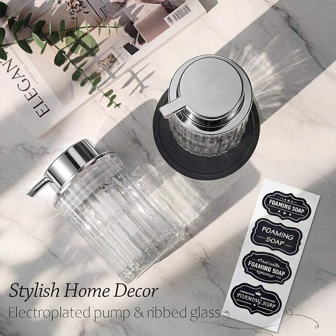 Foaming Hand Soap Dispenser, 8oz Refillable Clear Glass with Silver Pump, for Liquid Soap or Lotion, Vertical Ribbed Decor for Bathroom Vanity, Kitchen, Commercial Use - 1 Pack