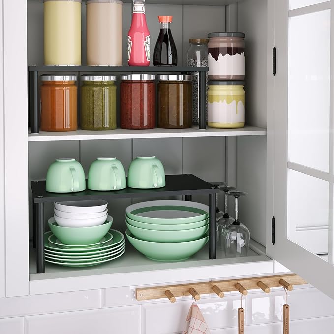 VERTORGAN Cabinet Organizer Shelf(Set of 2),Kitchen Counter Shelves,Bamboo Spice Rack Countertop and Cabinet,Stackable Expandable,Large(Black)