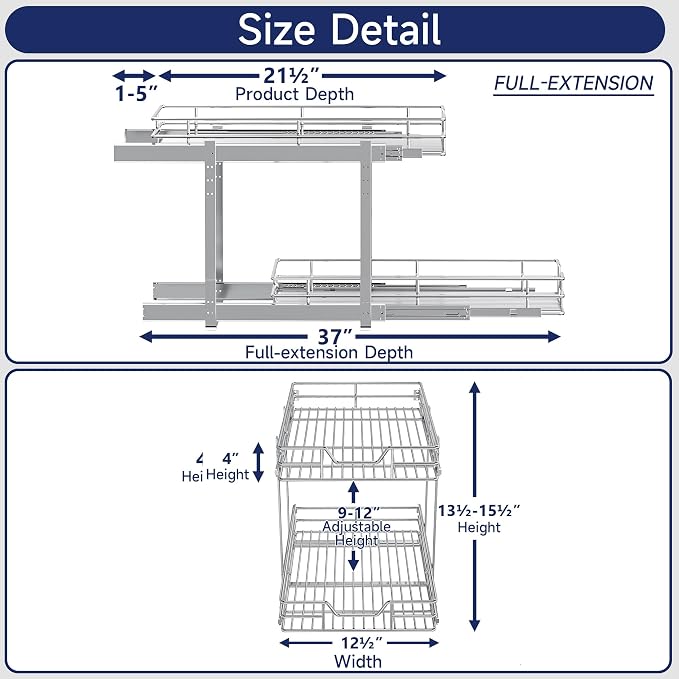 2-Tier Pull Out Cabinet Organizer, 12.5" W x 21.5" D, Heavy Duty Dual Slide Out Shelves for Narrow Base Cabinets, Chrome Wire Basket Drawer for Spices, Bottles & Snacks