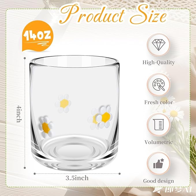 14 Ounce Icon Juice Glasses, Aesthetic Cocktail & Old Fashioned Drinking Glasses, Iconic Clear Glass Cups for Women, Sister, Friend & Party Gifts (Daisy)