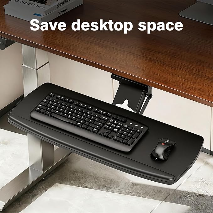 Keyboard Tray Under Desk with Storage Drawer, Height Adjustable Keyboard Tray Slide Out 360° Swivel Tilt, Ergonomic Under Desk Mount Keyboard & Mouse Holder for Gaming Home Office, Black
