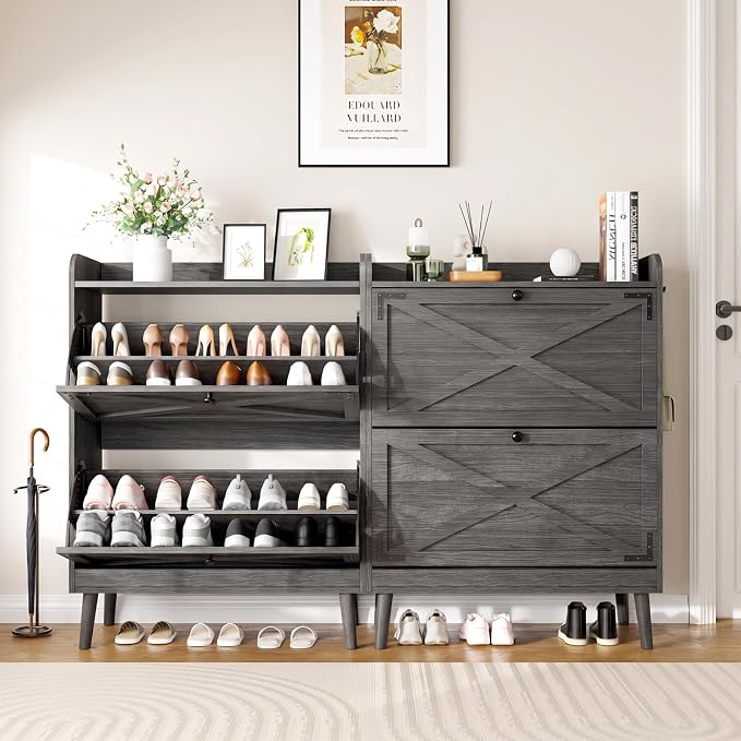 YZ HOME Shoe Storage Cabinet with 2 Flip Drawers, Entryway Shoe Cabinet with 2 Metal Hooks & Adjustable Shelves Freestanding Shoe Organizer Narrow Shoe Rack for Entrance Hallway Foyer Front Door
