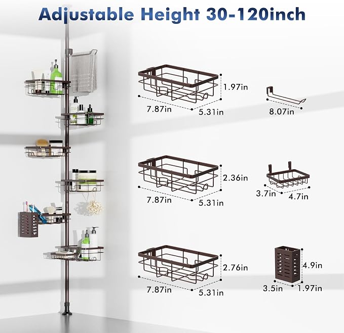 Vatex Corner Shower Caddy Tension Pole,Adjustable 30-120 Inch Bathroom Organizer Storage,Rustproof 6-Tier Shower Corner Shelves,Towel Rack, Toothbrush Holder, Soap Dish Organizers