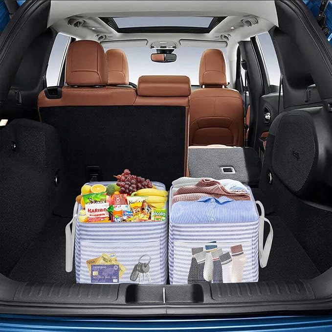 LHZK 2 Pack Utility Tote Bag with Metal Wire Frame and the Sides Rinforced, Large Tote Bag with Handle, Reusable Grocery Bags Foldable, Beach Bag, Car Tote (Blue, 18.5''x11.8''x11.5'')