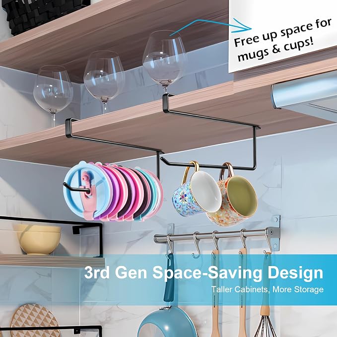 Tumbler Lid Organizer for Corner Cabinets, Space-Saving Coffee Cup Holder, Water Bottle Accessories Storage, Kitchen Organization, No Adhesive or Drilling Needed up to 12 Lids (Black Round Wire)