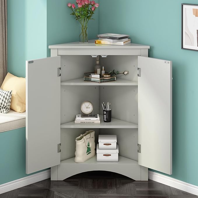 Corner Storage Cabinet with Adjustable Shelves, Triangle Bathroom & Kitchen Organizer, Freestanding Floor Cabinet for Toilet Kitchen Bathroom Cleaning Supplies (Gray)