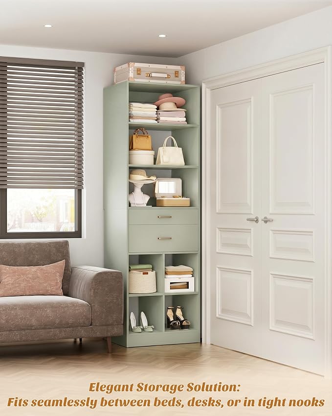 Besiost 18.9" Small Closet System with Drawers, Walk-in Closet Organizer | Small Closet Organizer for Walk in Closet, Bedroom & Nursery, Wardrobe Storage Unit with Storage and Shelves, Crab Green