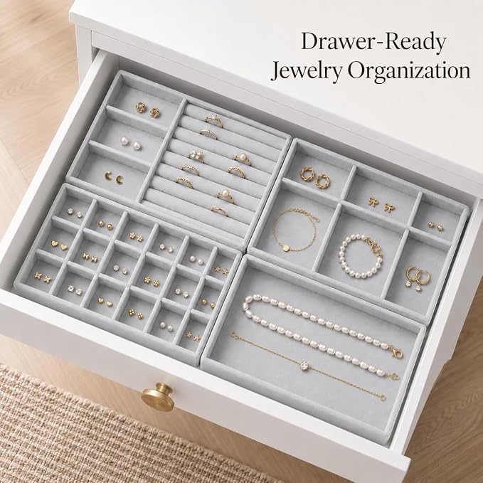 4 Pack Stackable Jewelry Organizer Tray Set - Velvet Display Case | for Rings Earrings Necklaces, for Drawer Organization, Can Stacked