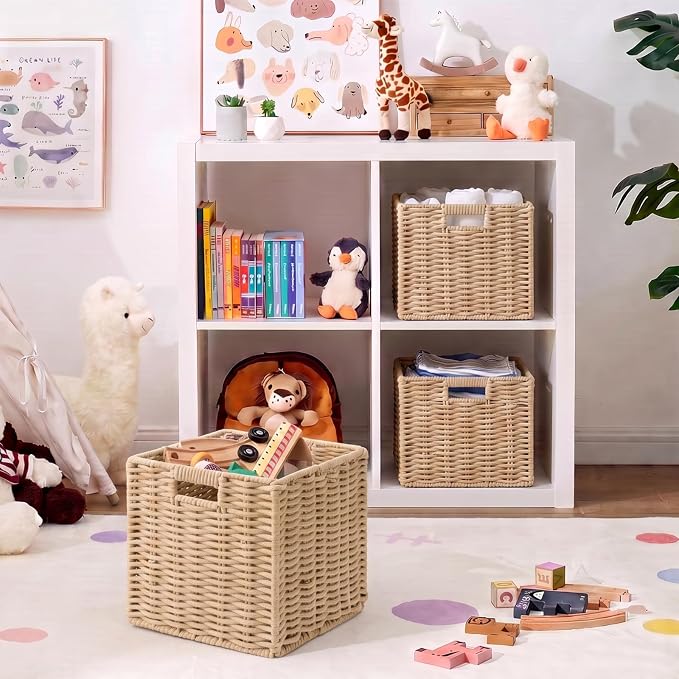 Cotton Rope Cube Storage Baskets Set of 2, 11 Inch Foldable Cubby Organizer Bins with Handles, Handwoven Square Basket for Organizing, Cube Closet Storage Bins for Shelves, Home Decor