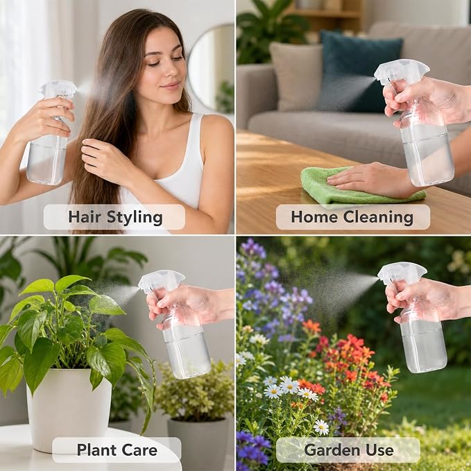 Leakproof Spray Bottle 2 Pack 10 oz, Ultra Fine Mist Sprayer | PET Plastic, 300ml Each, Safety Lock Clip, Leak Proof, For Hair Styling, Plant Misting, Cleaning, Refillable